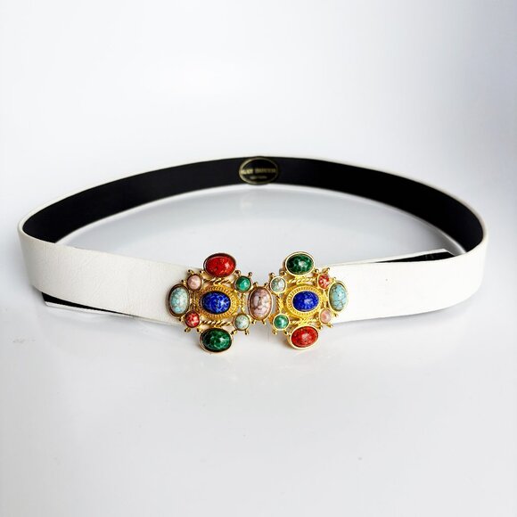 Vintage Paquette Belt Buckle with Cabochons + White Gay Boyer Belt Strap - Picture 7 of 12